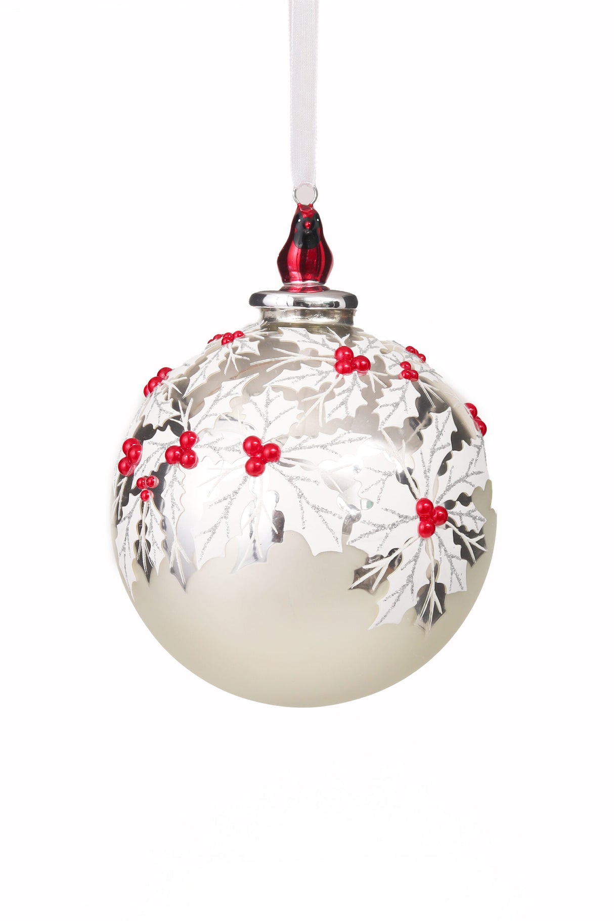 5" Hanging Floral Silver and White Porcelain Ball Ornament