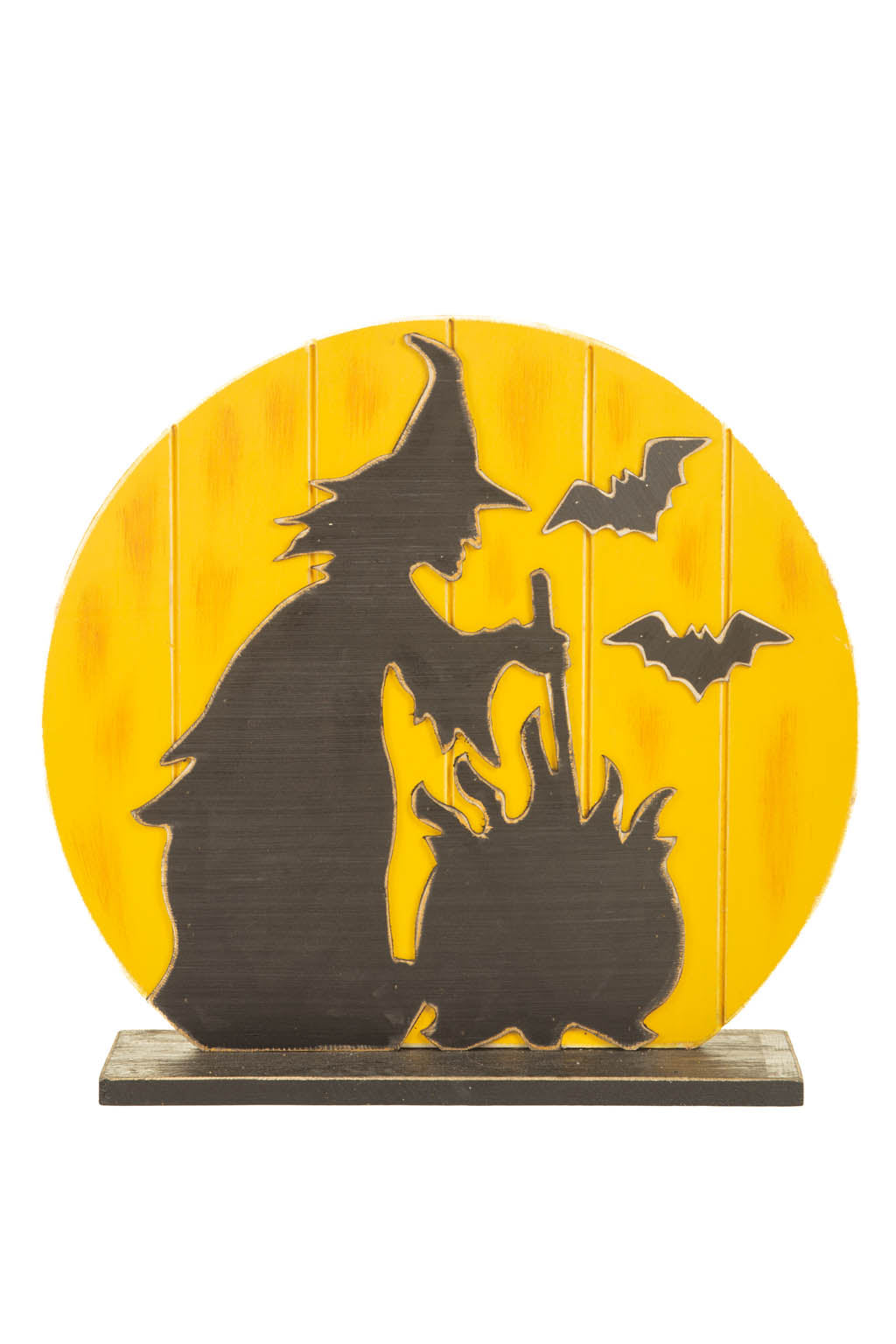 21"Black and Yellow Wood Devious Witch Figure with Cauldron