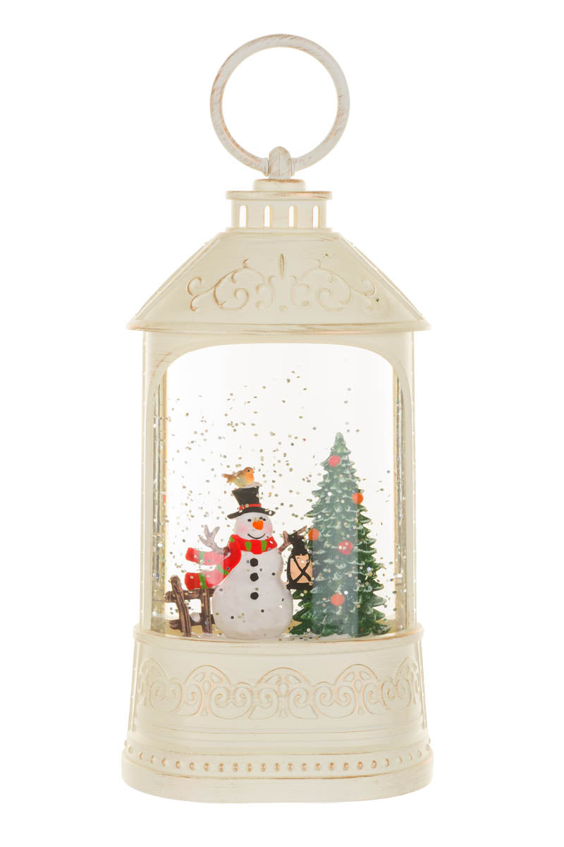 8.25" Musical White Plastic Lantern Warm White LED Snow Globe with Wandering Snowman