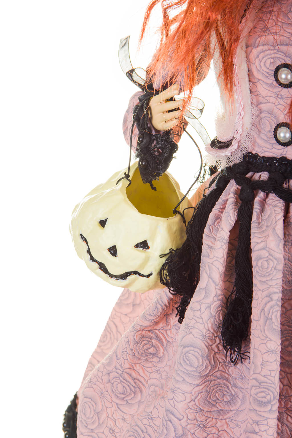 26" Sitting Baby Pink and Black Cloth Captivating Witch Figure with White Pumpkin
