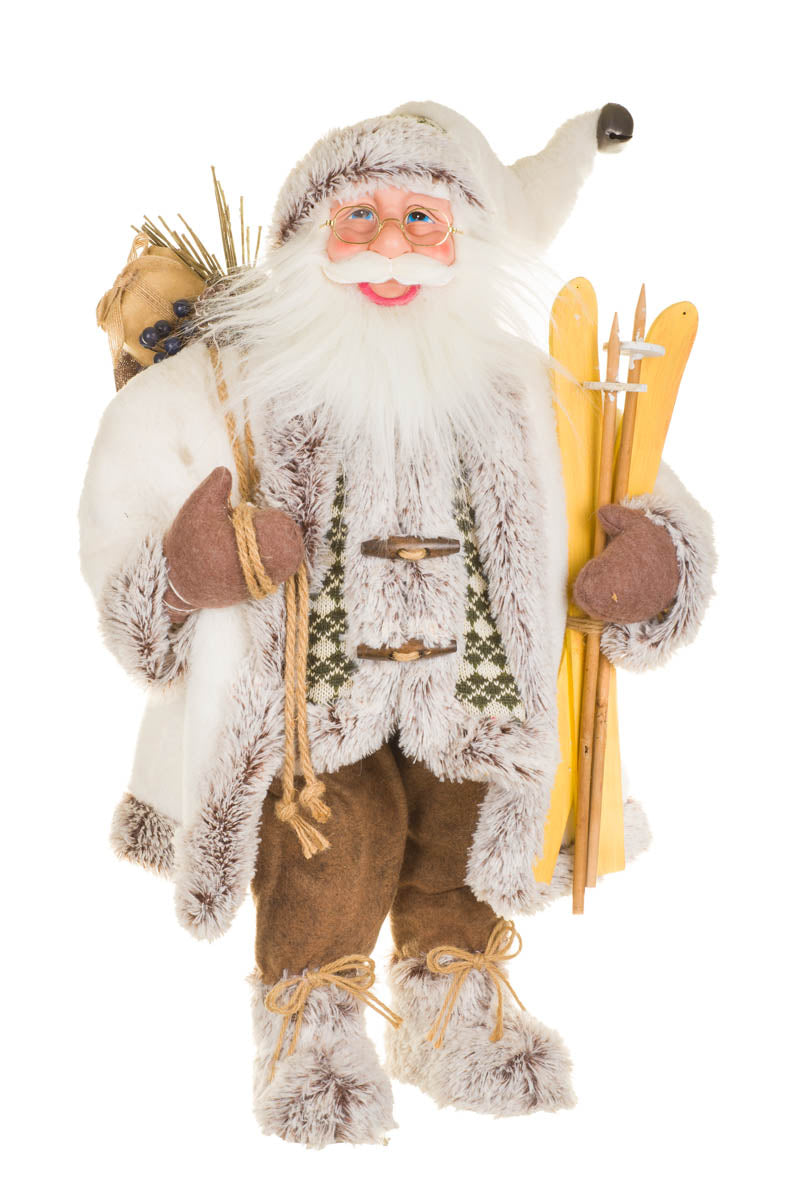 24.5" Off-White Fabric Winter Santa Figurine with Skis