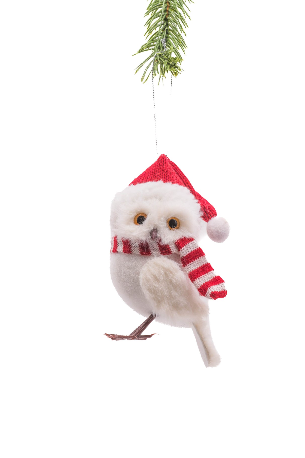 6" Hanging White Cloth Owl Figurine with Candycane Scarf