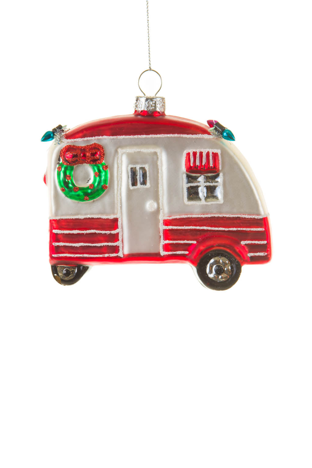 4.13" Hangable Striped Red and Silver Glass Mobile Home Ornament with Silver Tinsel