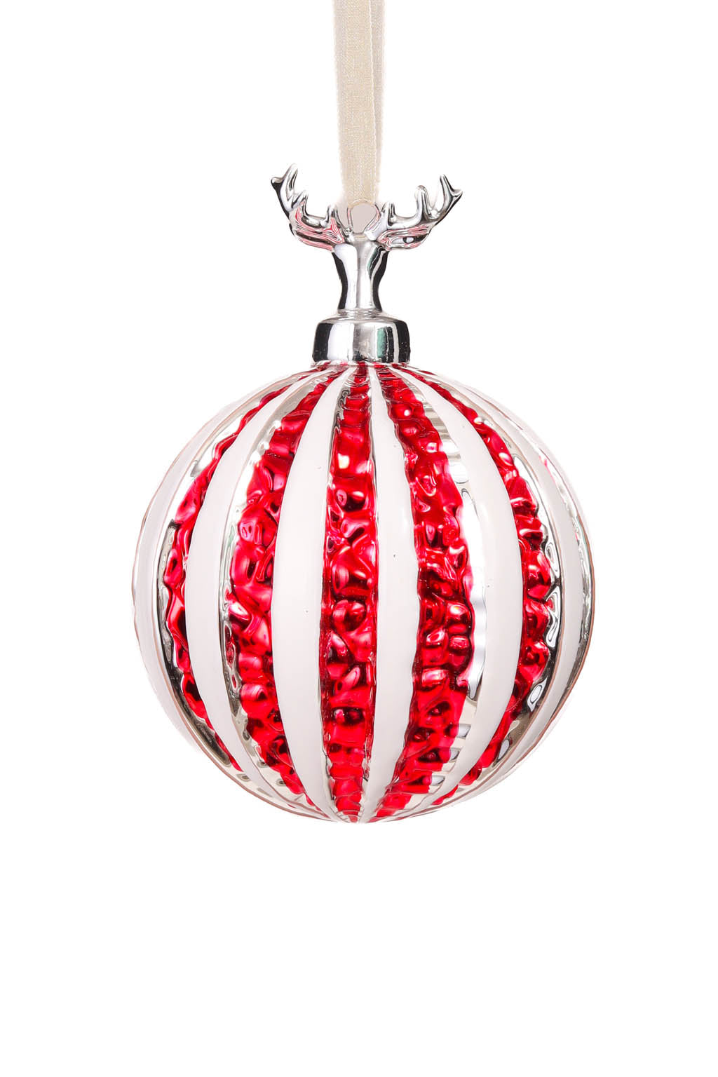 4.3" Hanging Candycane Red and White Glass Ball Ornament with Deer Head Mount