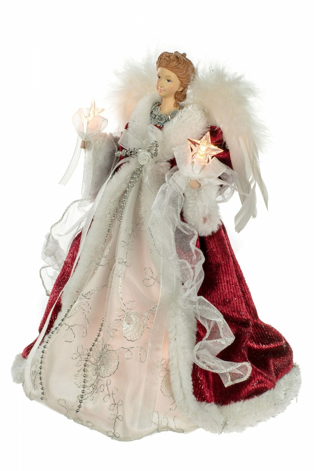 14" Red and White Cloth Modern 10-Light Angel Tree Topper with Fluffy White Wings