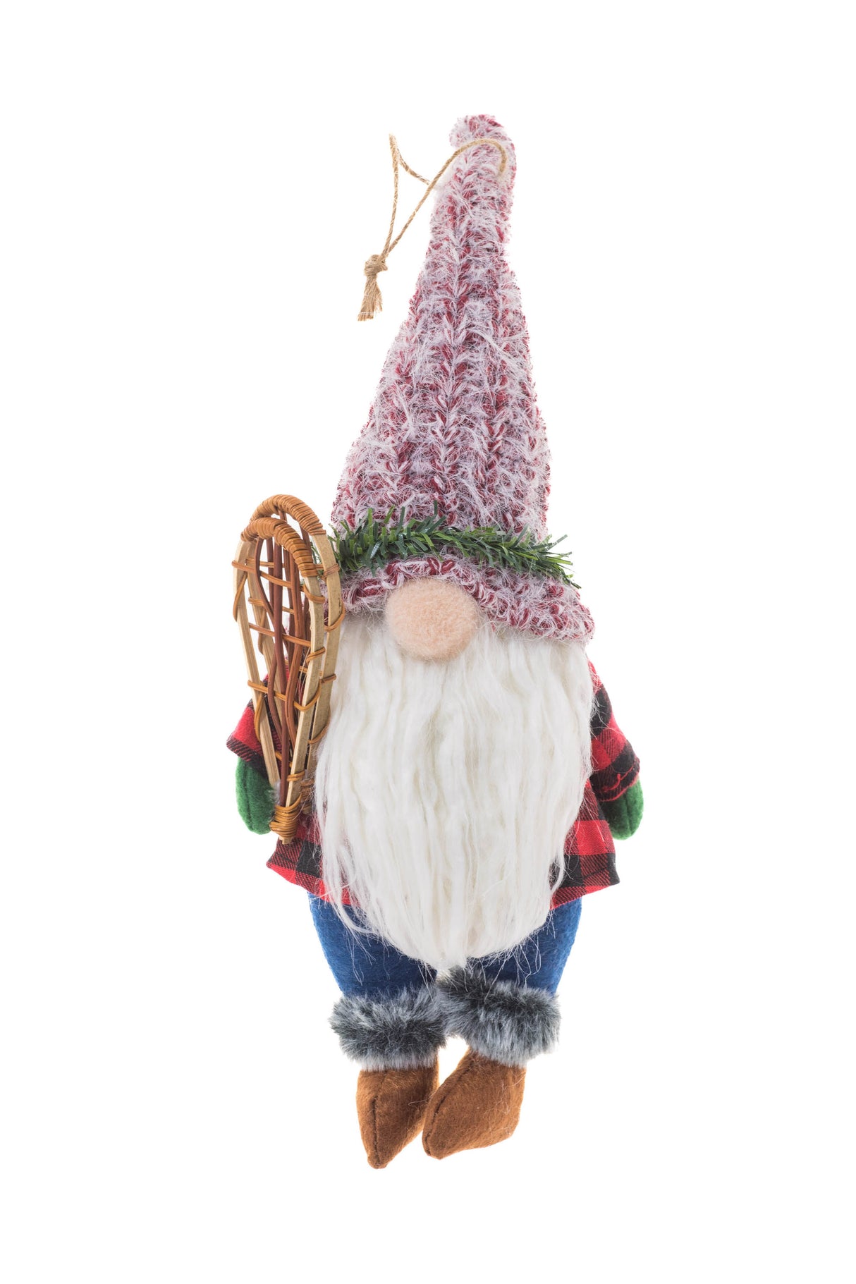 13.5" Hanging Buffalo Plaid Red and Brown Cloth Gnome Ornament with Snowshoes
