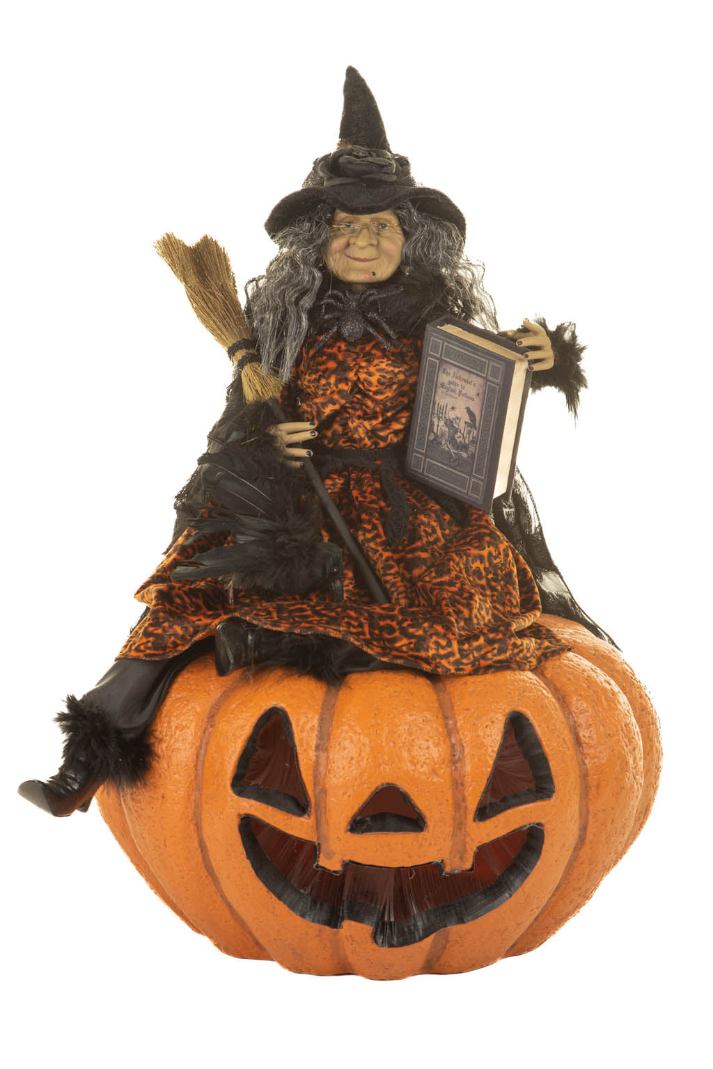 26" Sitting Flocked Orange and Black Polyfoam Vogue Witch Figure Sitting On A Pumpkin