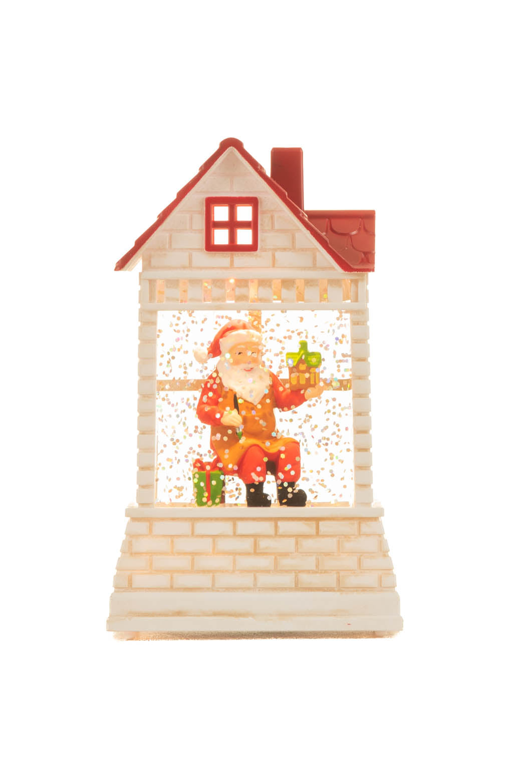 12.5" Mini White and Red Plastic Brick House Warm White LED Snow Globe with Santa Painting