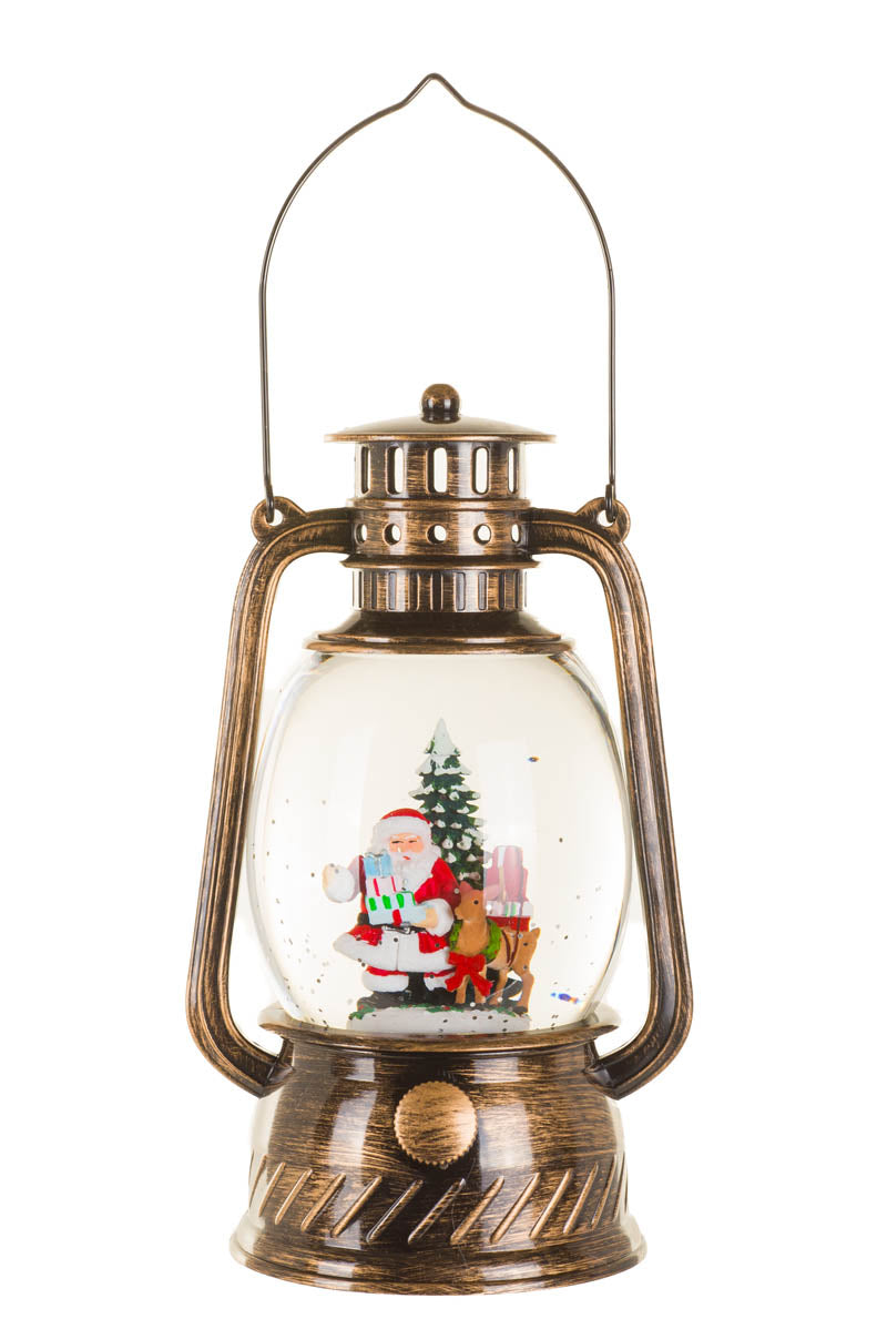 8" Musical Bronze Plastic Lantern Warm White LED Snow Globe with Santa & Reindeer Helper