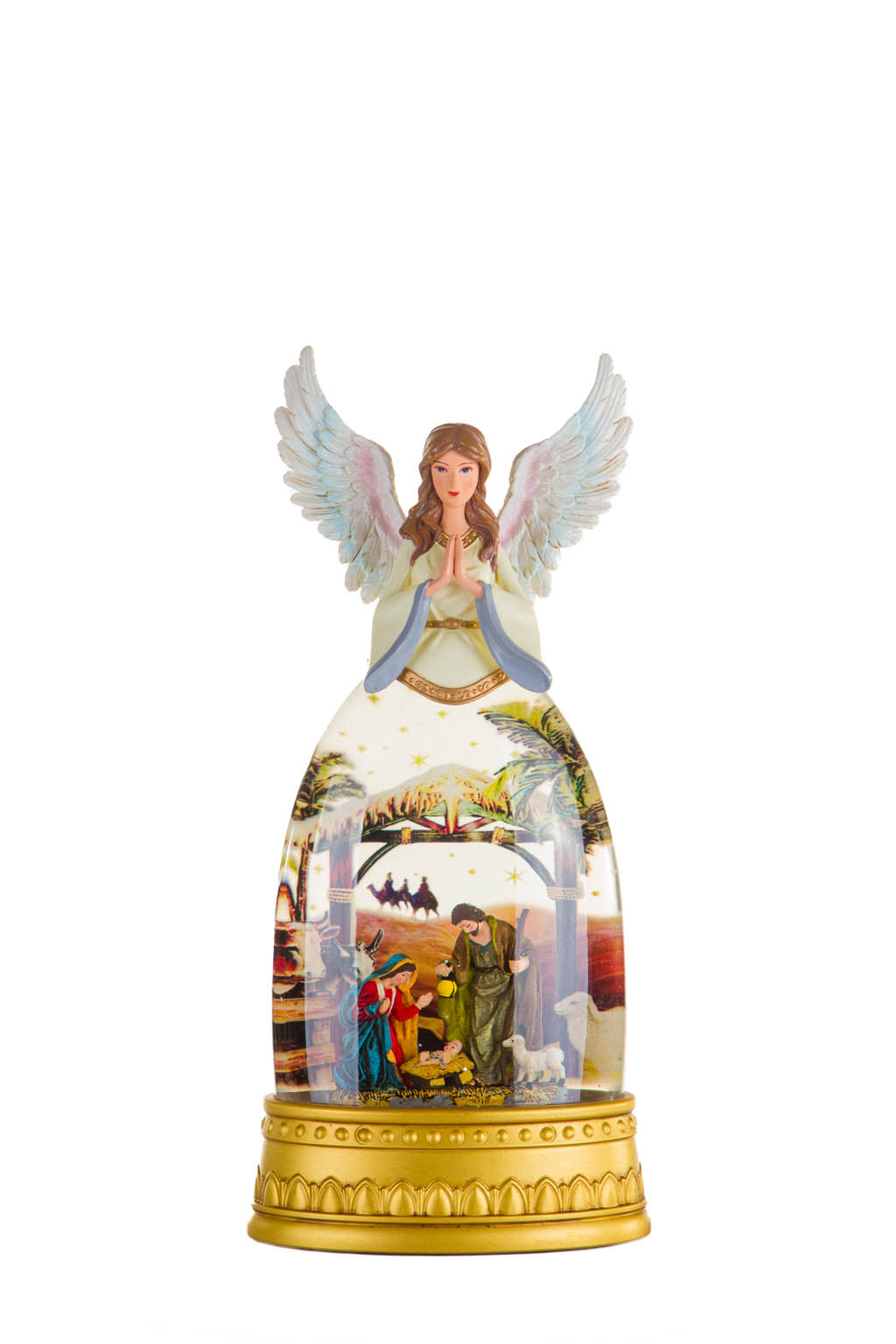 12.72" Gold and White Plastic Angel Warm White LED Snow Globe with Nativity