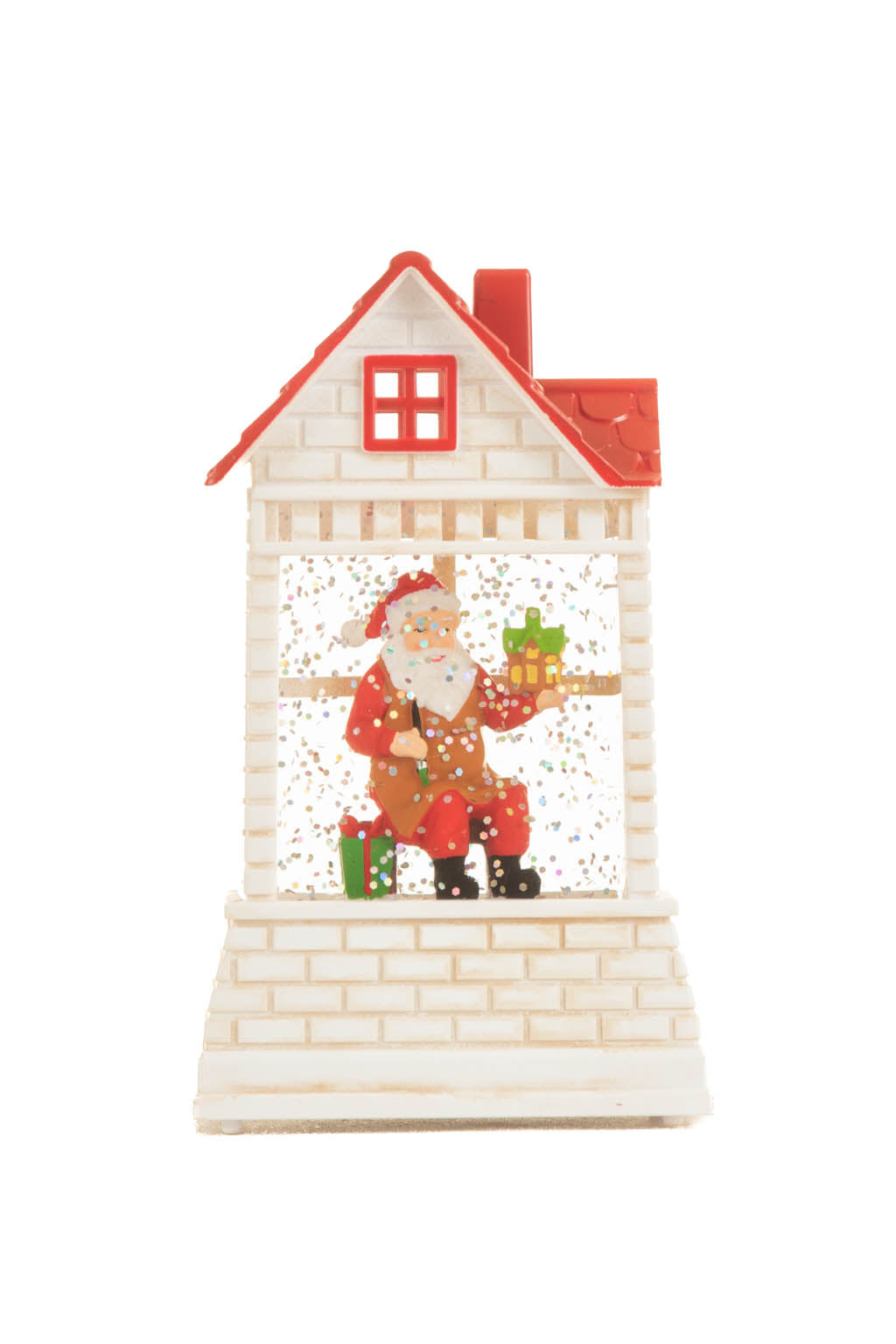 12.5" Mini White and Red Plastic Brick House Warm White LED Snow Globe with Santa Painting