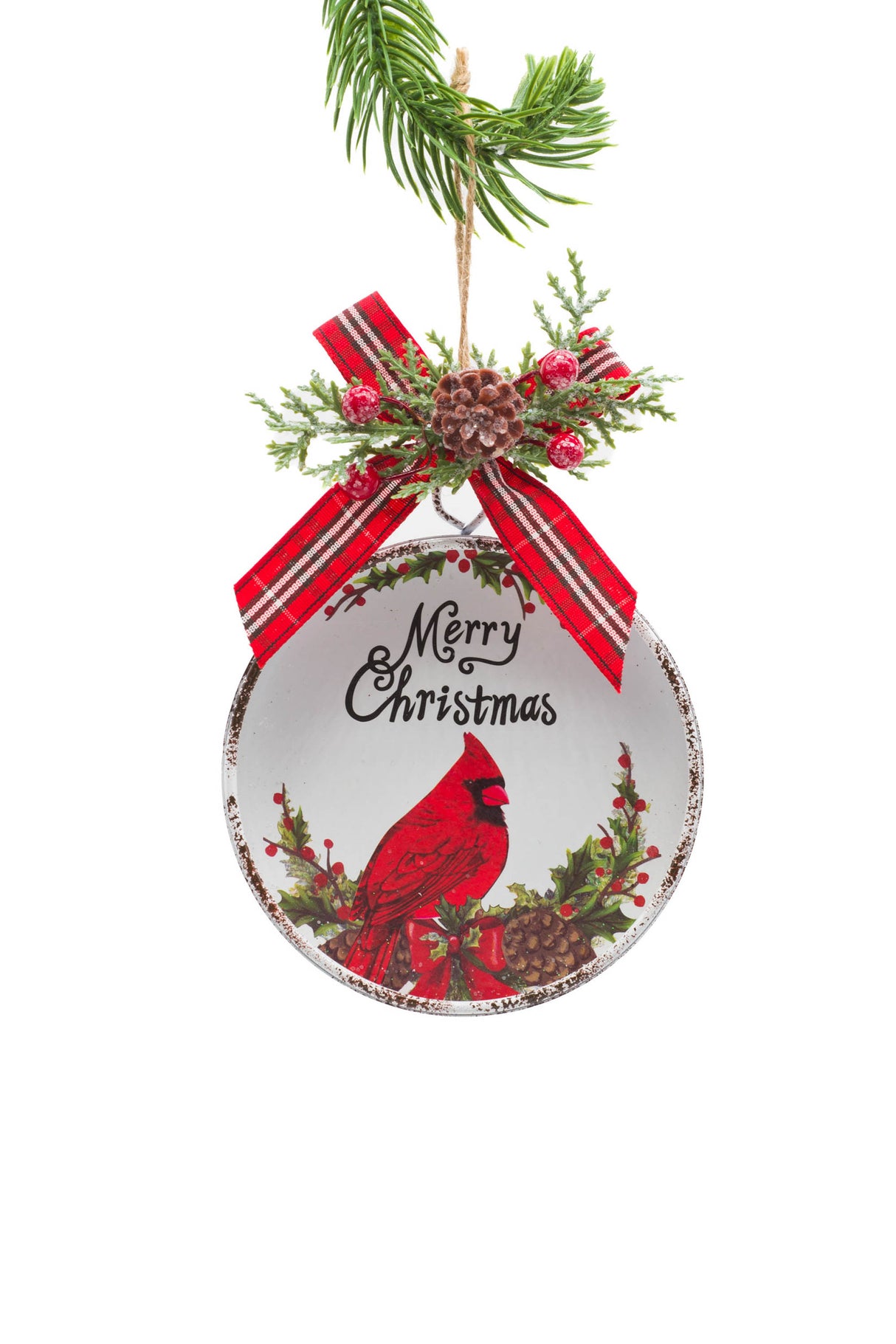 4.75" Hanging White Iron Framed Ornament with Cardinal Print