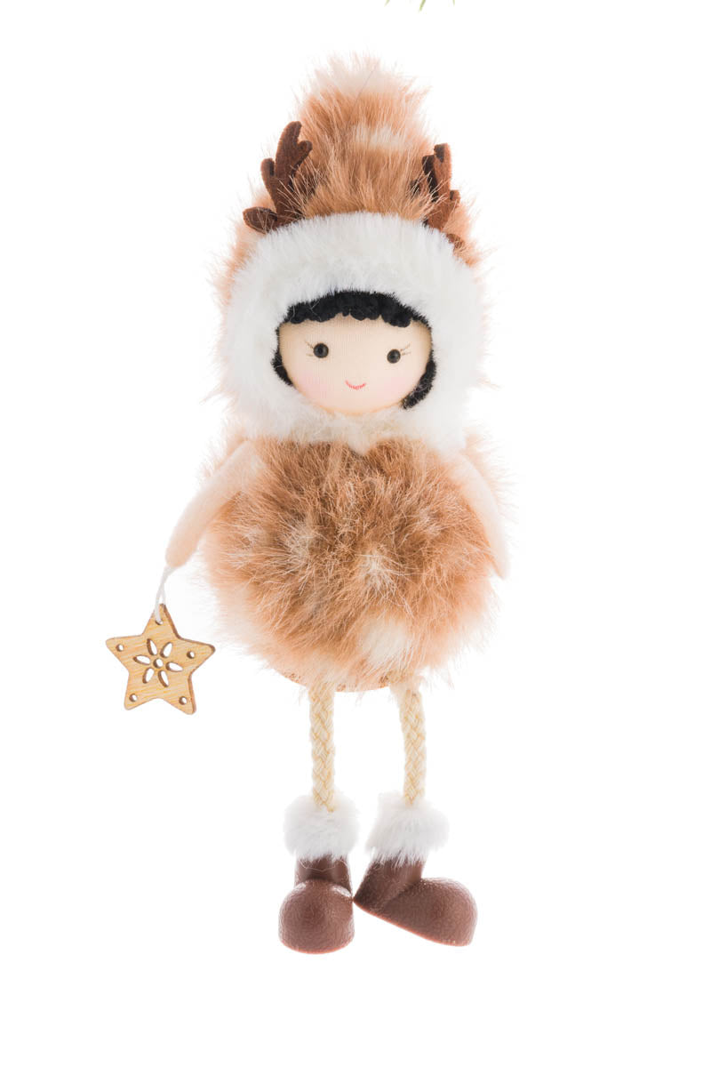 6.75" Furry Sitting Spotted Brown Fabric Fawn Girl Doll with Star