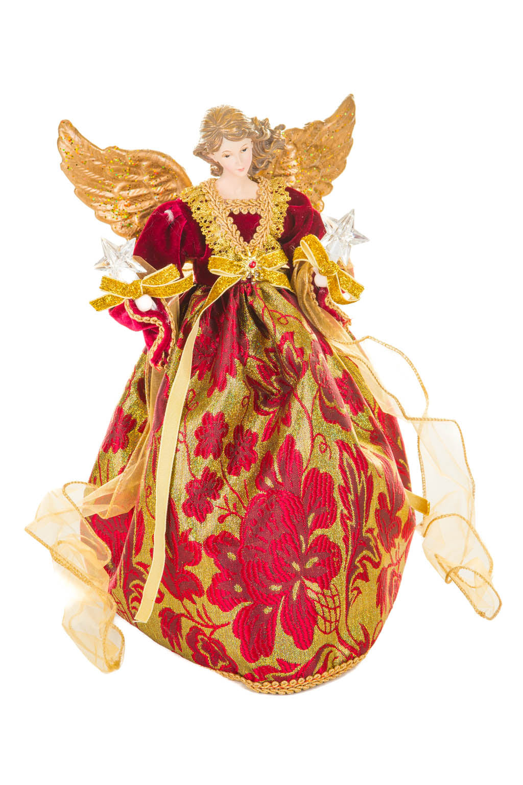 15" Sequin Red and Gold Polyester Luxurious Warm White LED Angel Tree Topper with Golden Accents