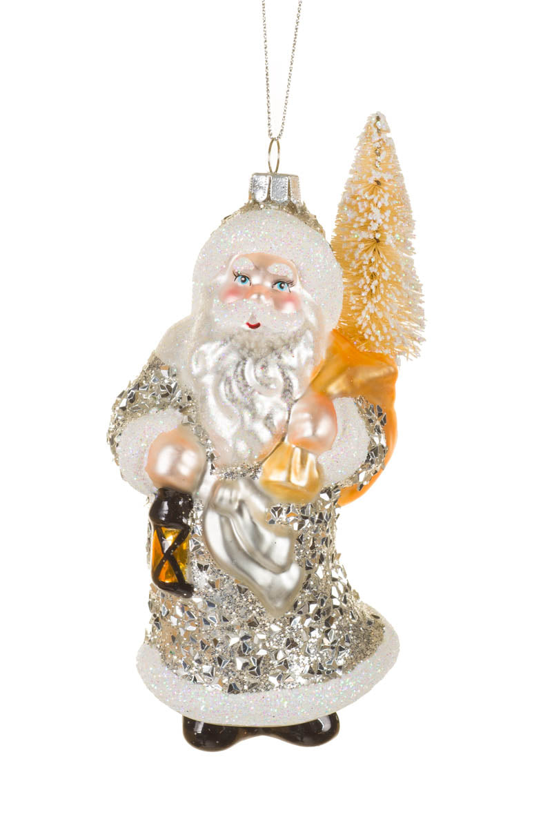 6.5"Hanging Silver and Gold Glass Santa Ornament with Lantern