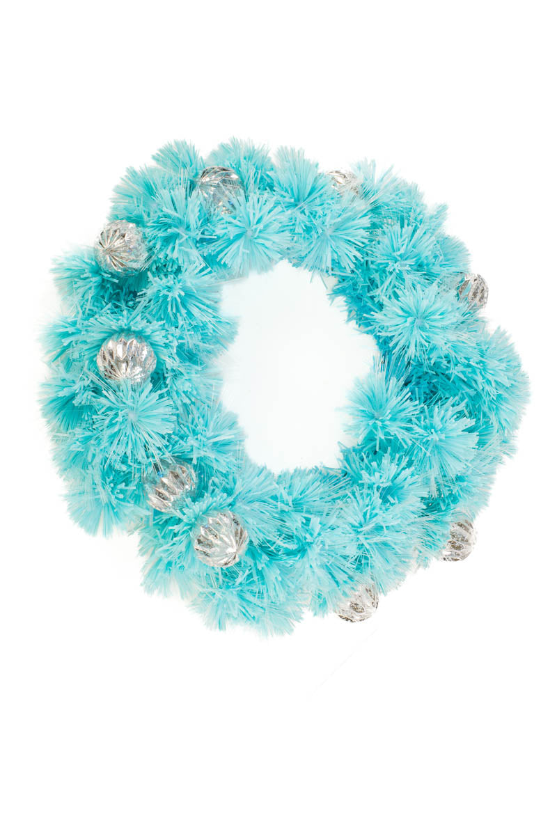 22" Hanging Aqua Plastic Ribbon Pine Cool White Fiber Optic Wreath with Silver Bulbs
