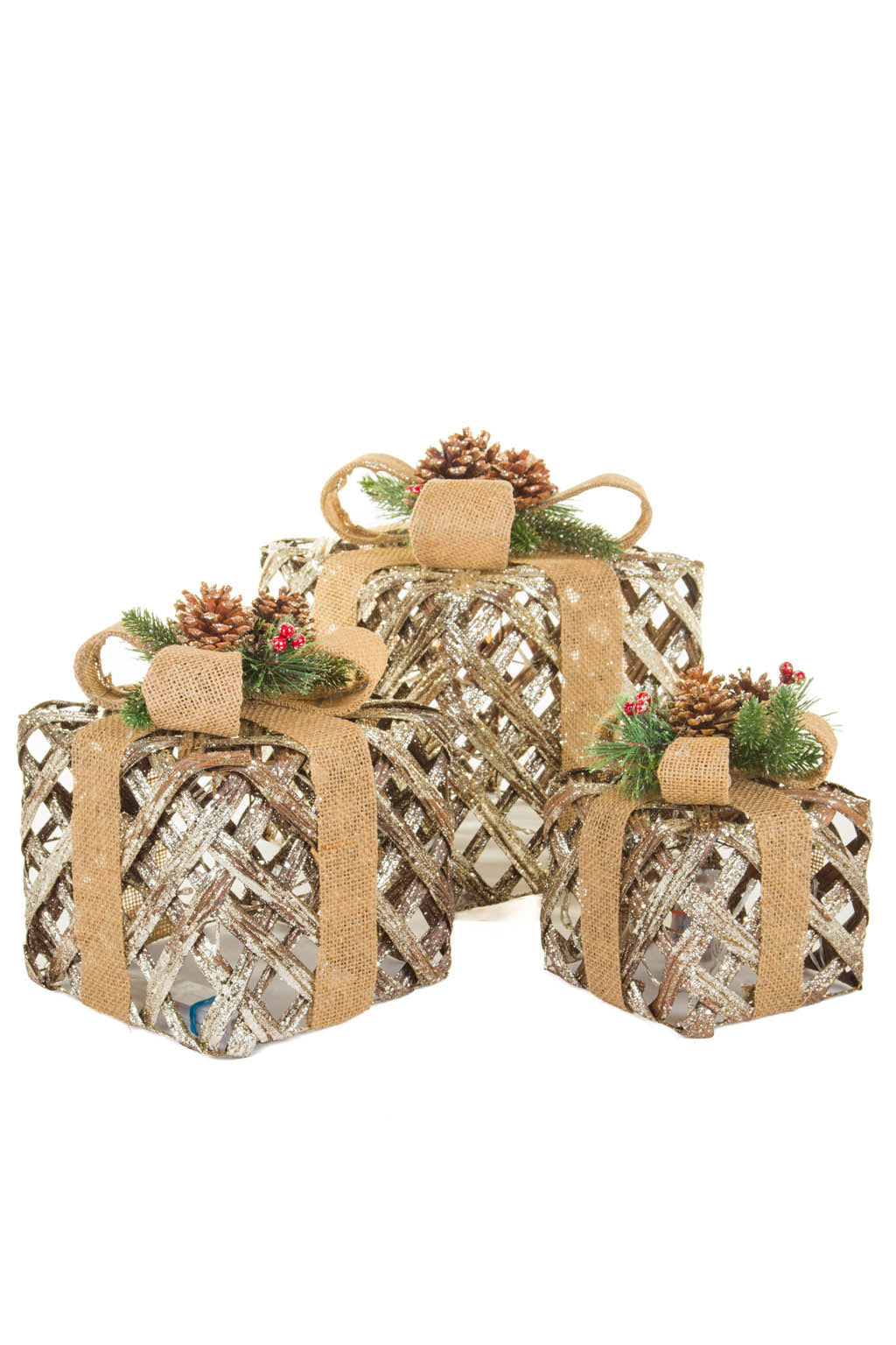 10" Set of 3 Gold & Ivory Metal Gift Box Warm White LED Accents