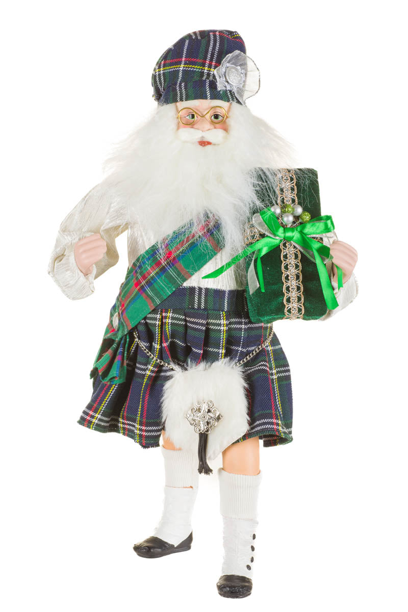 19.5" Plaid Green and White Fabric Scottish Santa Figurine with Forest Kilt