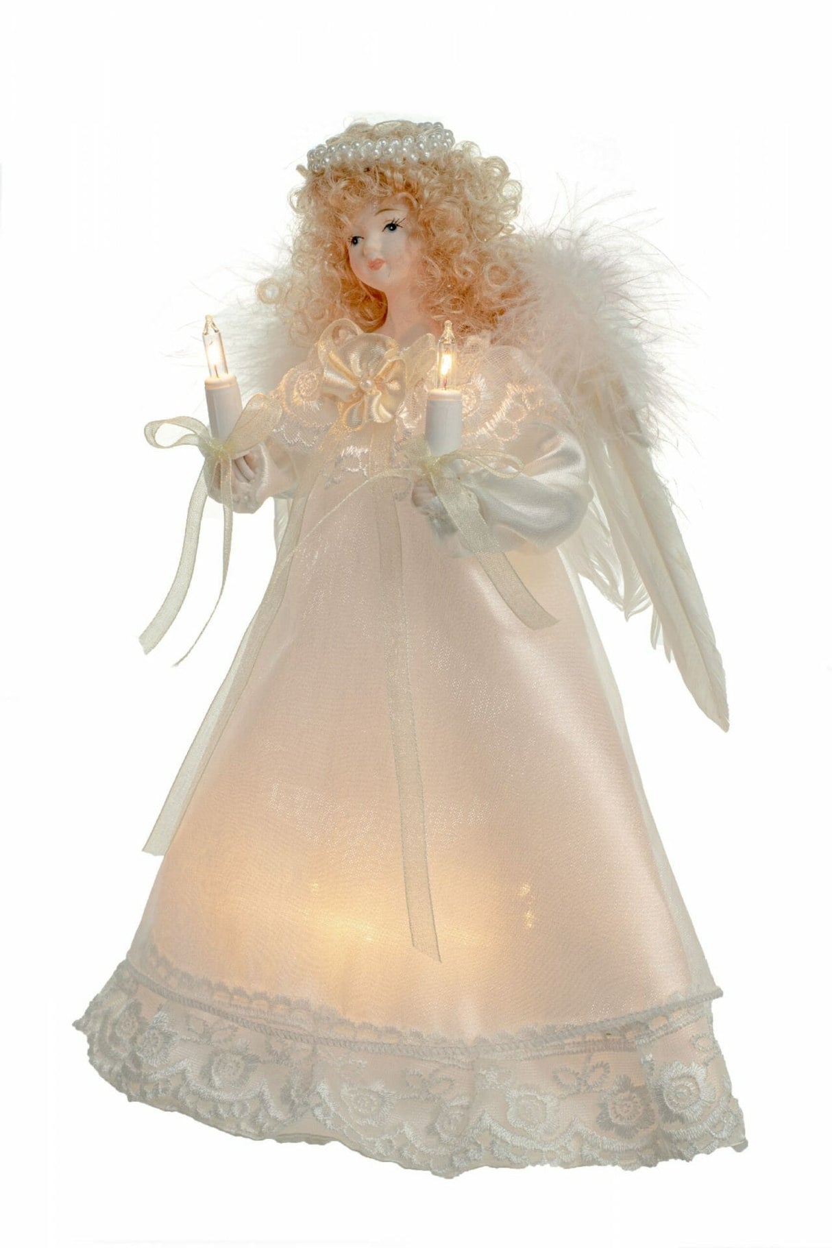 10" Ivory Small 10-Light Angel Tree Topper with Blonde Curly Hair