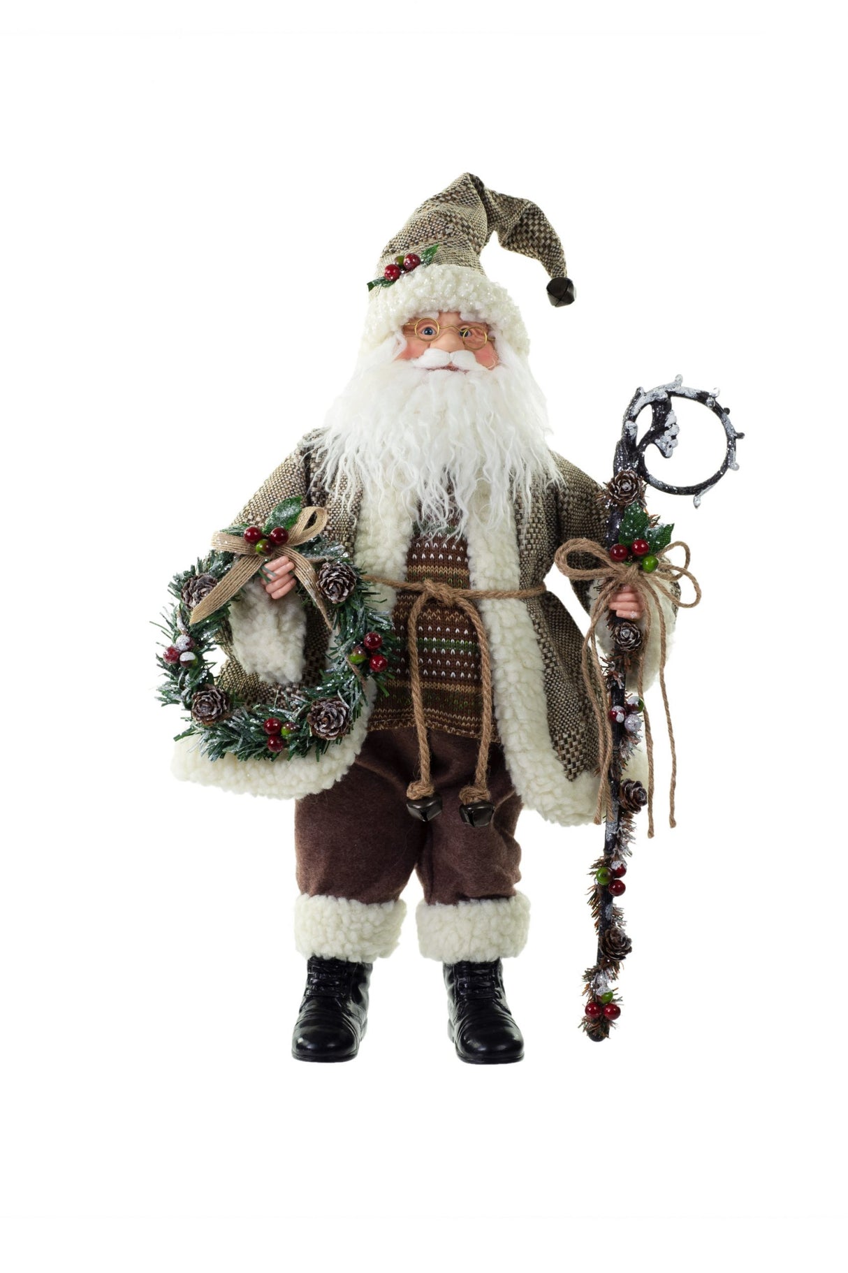 18" Brown and White Cloth Rustic Santa Figurine with Staff and Wreath