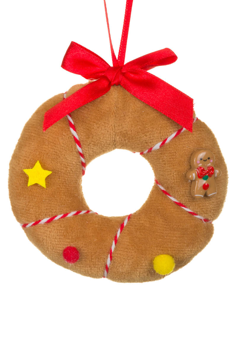 4" Hanging Brown Fabric Gingerbread Wreath Ornament with Candycane String