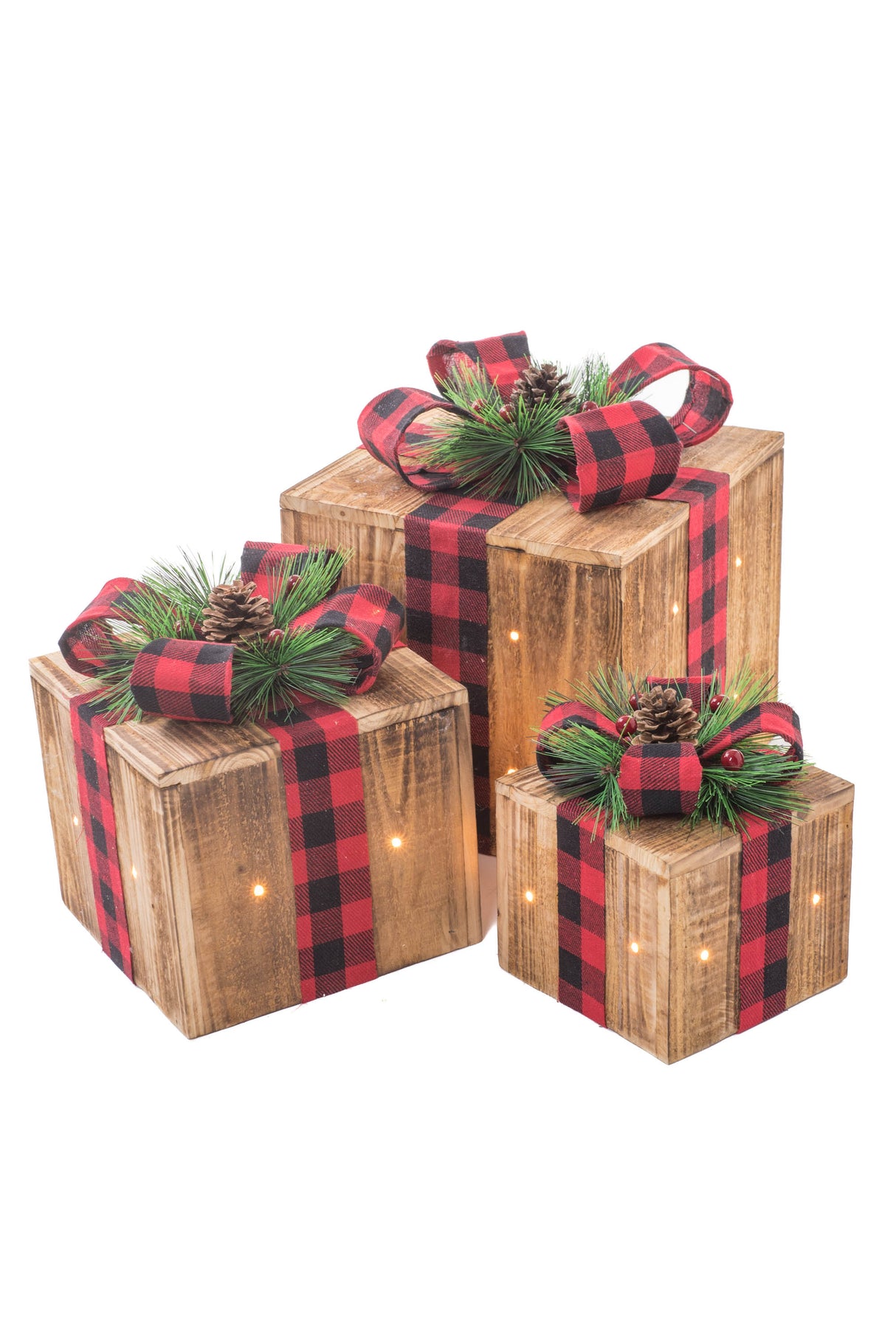12.5" Umber Wood 3 Piece Illuminated Present Set with Buffalo Plaid Ribbon