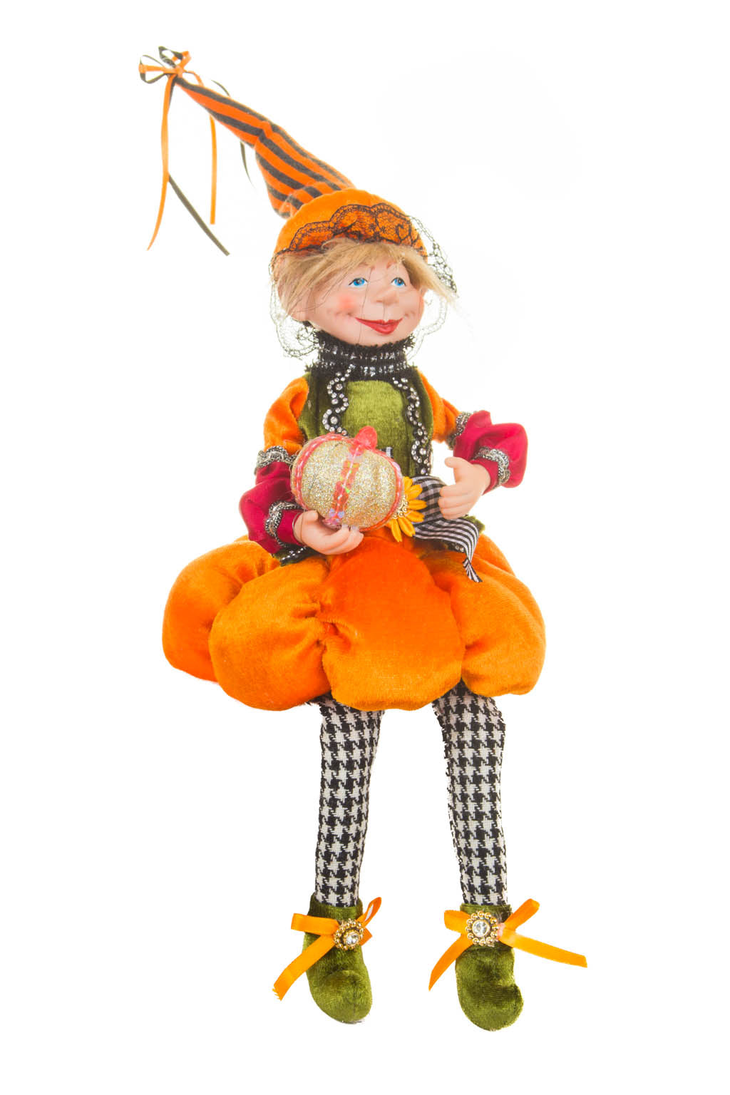 15" Orange and Green Cloth Elf Girl Doll with Pumpkin Hat