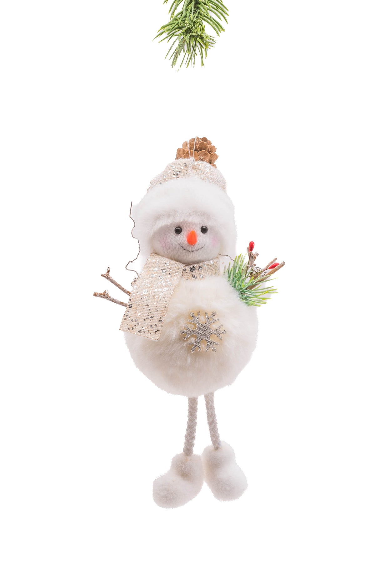 7.5" Dangling Striped White and Platinum Cloth Pinecone Snowman with Toque