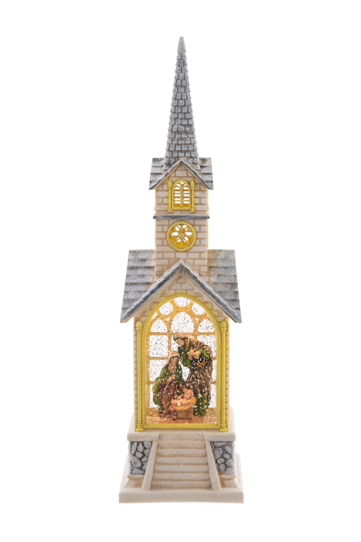 15" White Plastic Church LED Snow Globe with Nativity Figurine