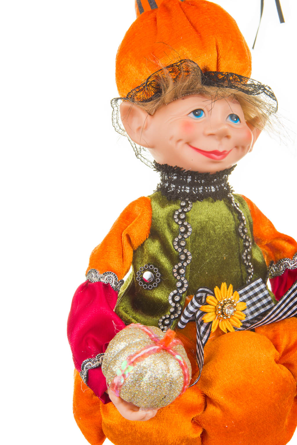 17" Orange and Green Cloth Elf Boy Doll with Pumpkin Hat