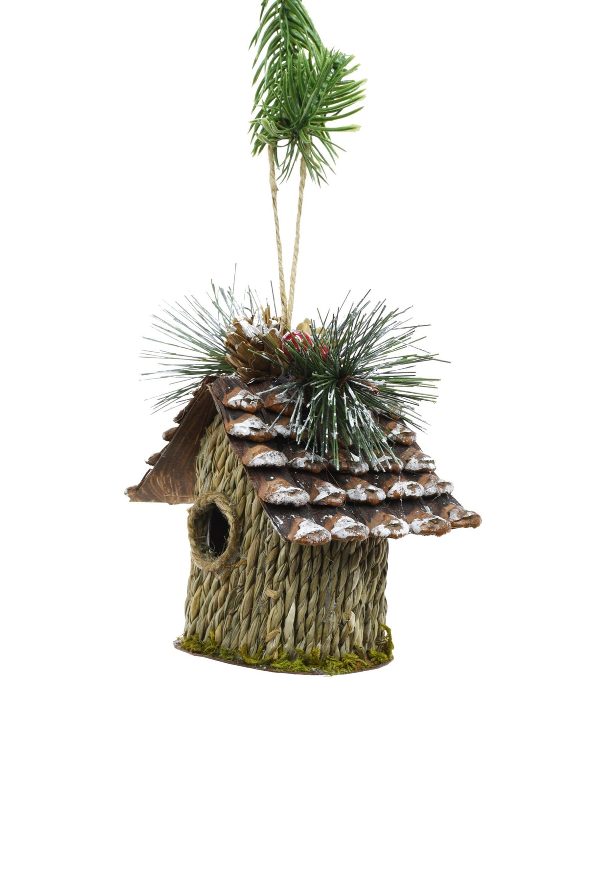 4.5" Hanging Taupe Straw Rustic Birdhouse Ornament with Cone-Thatched Roof