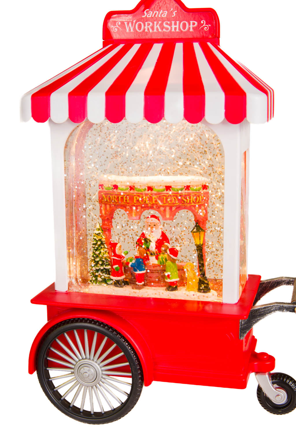 27" Candycane Red Plastic Santa's Workshop Cart LED Snow Globe with The Toyshop