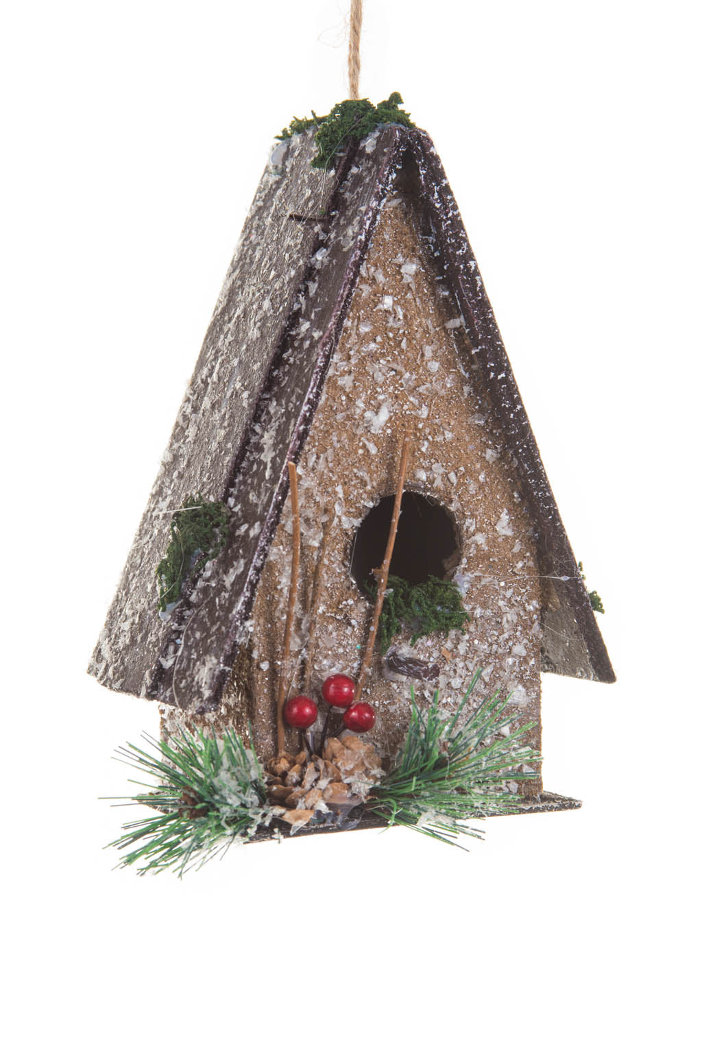 7" Hangable Umber Wood Mossy Birdhouse Christmas Cabin