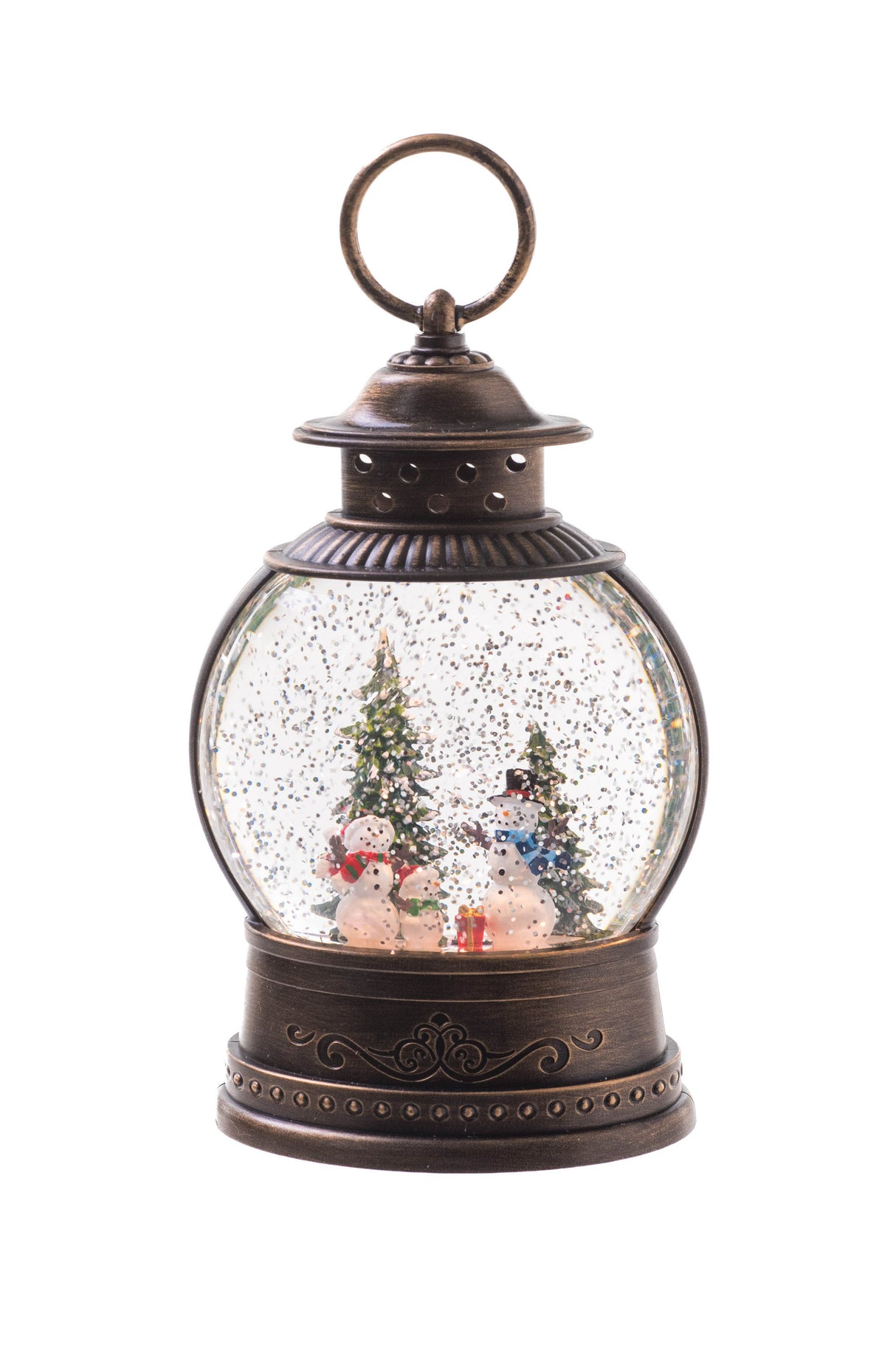 8" Oval Brown Plastic Lantern LED Snow Globe with Snowman-Scape