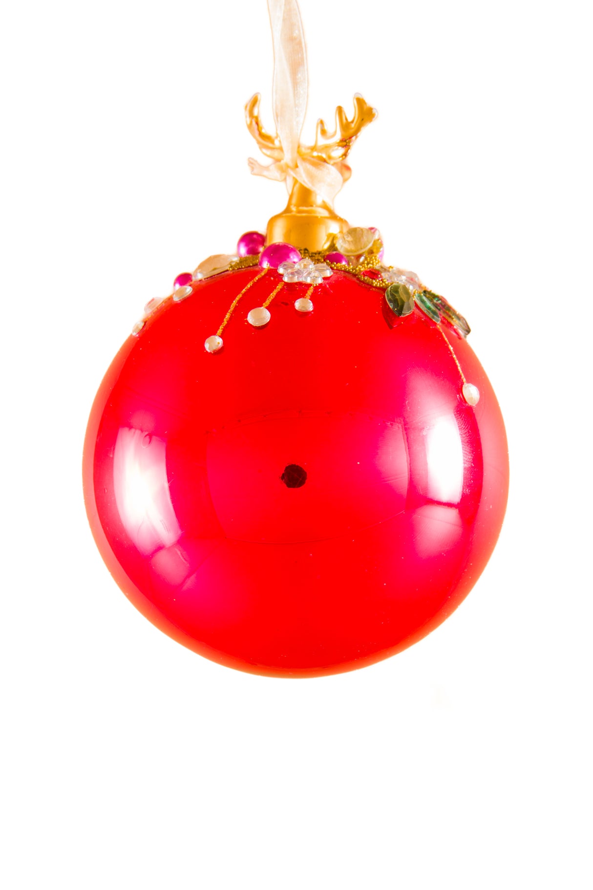 4.3" Hanging Metallic Red Glass Ball Ornament with White Lilac