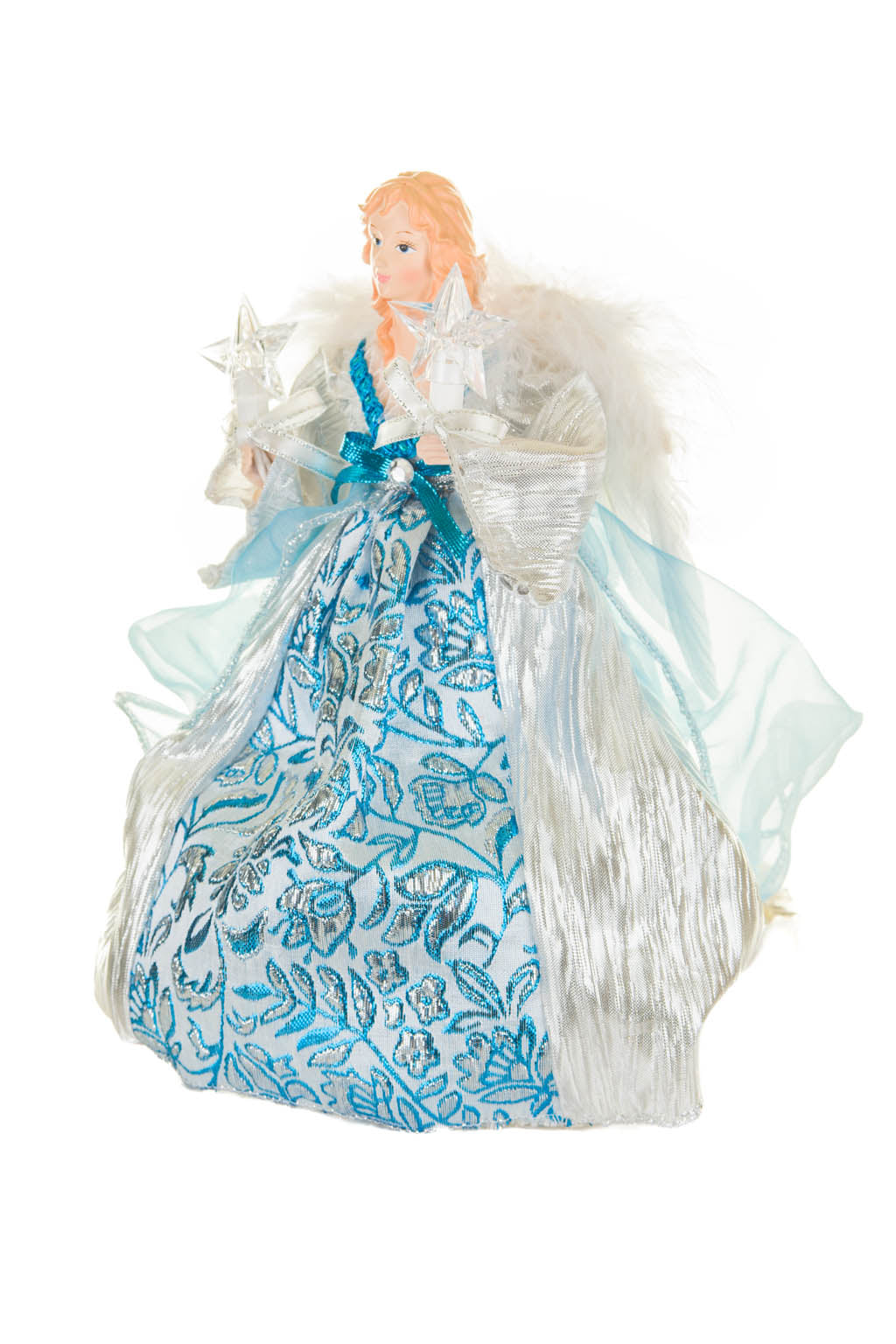 10" Cerulean and Silver Polyester Majestic Warm White LED Angel Tree Topper