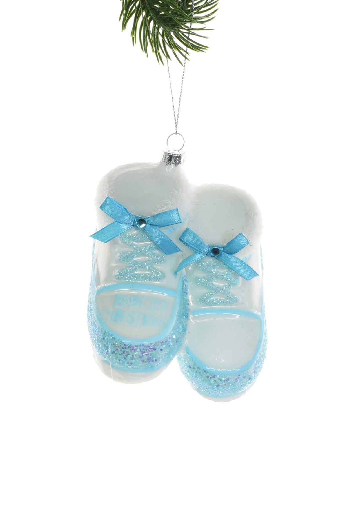 4"Hanging Blue and White Glass "Baby's 1St Christmas" Shoes Ornament with Fuzzy Trim