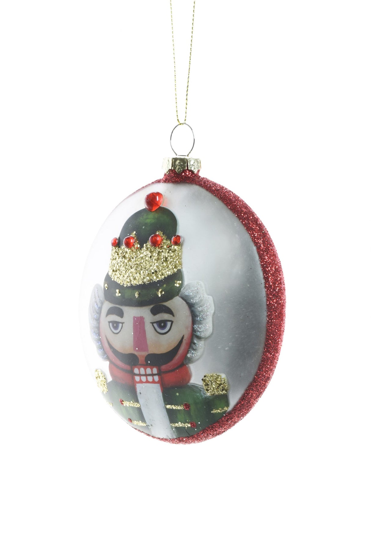 4" Flat Hanging Green and Silver Glass Drop Ornament with Nutcracker