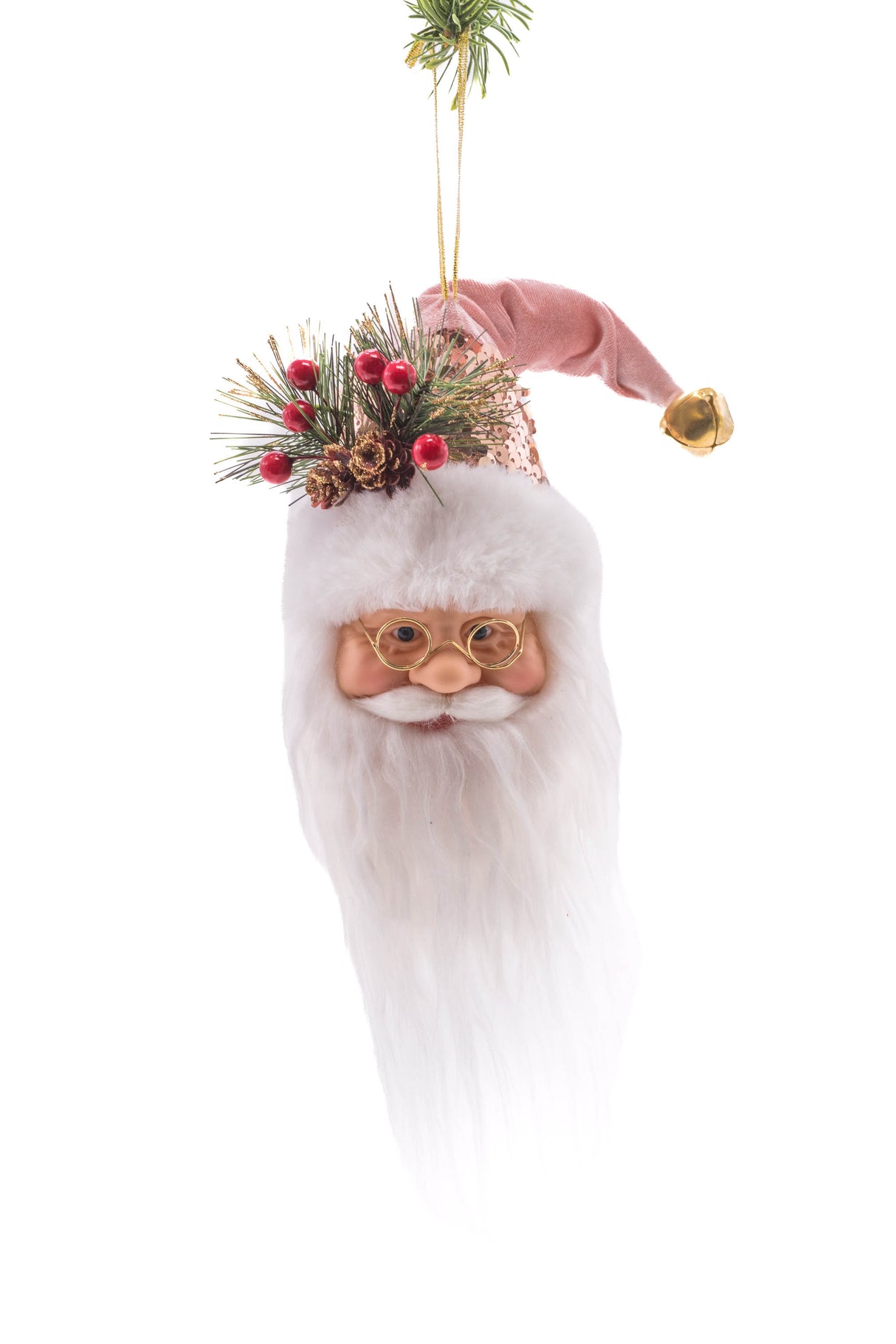 9" Hanging Sequin Pink Velvet Santa Head Ornament