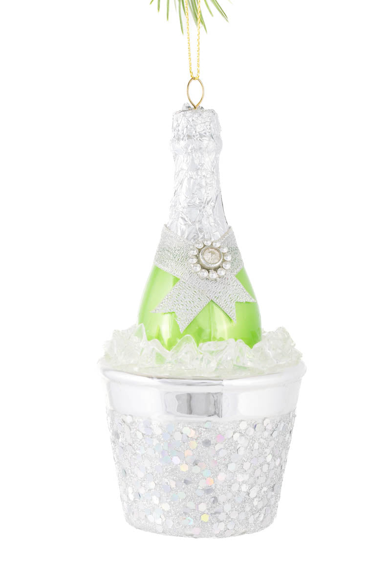 5.5" Hanging Silver Glass Champagne On Ice Ornament with Green Ribbon