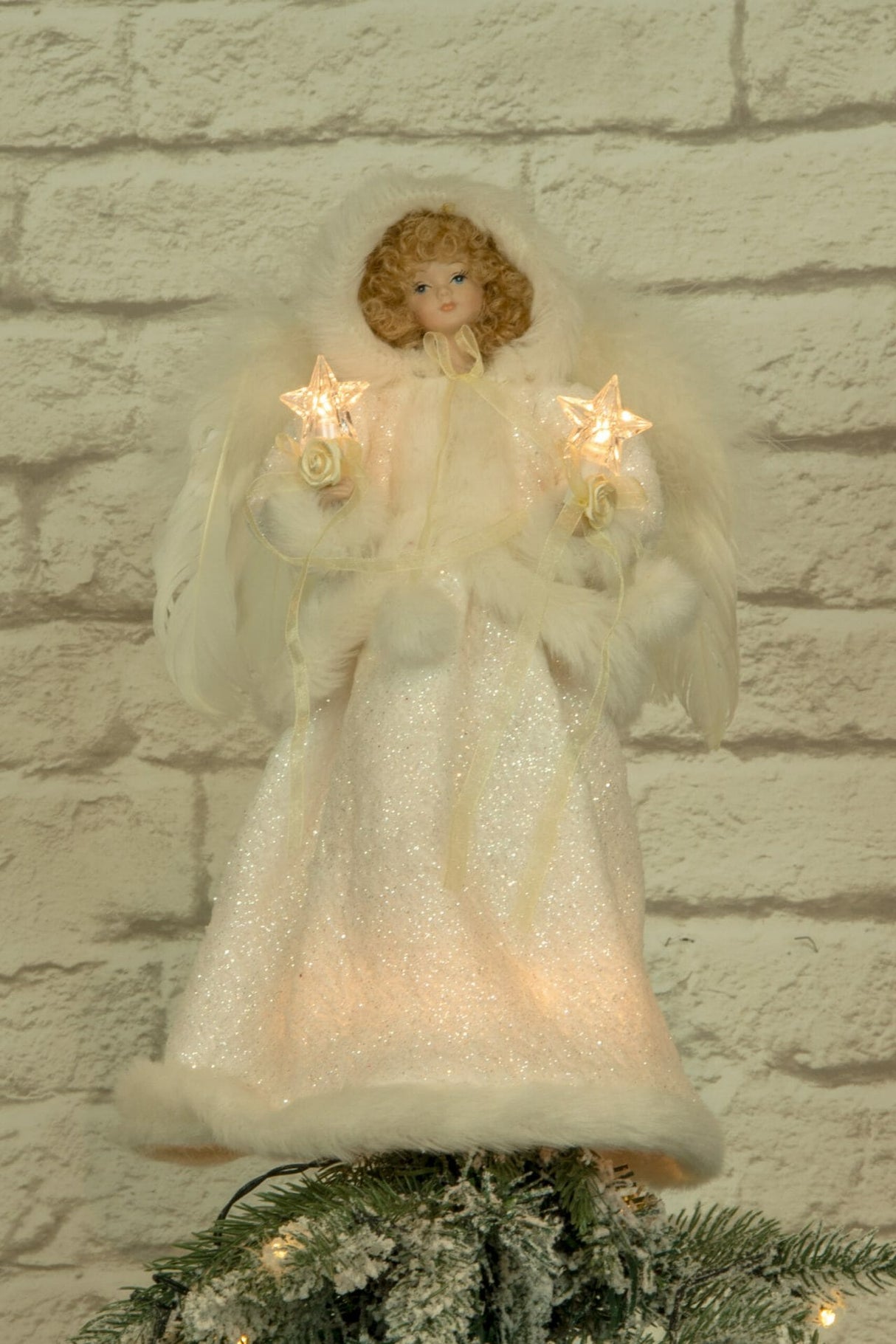15" Ivory Cloth Hooded 10-Light Angel Tree Topper with Blonde Curly Hair