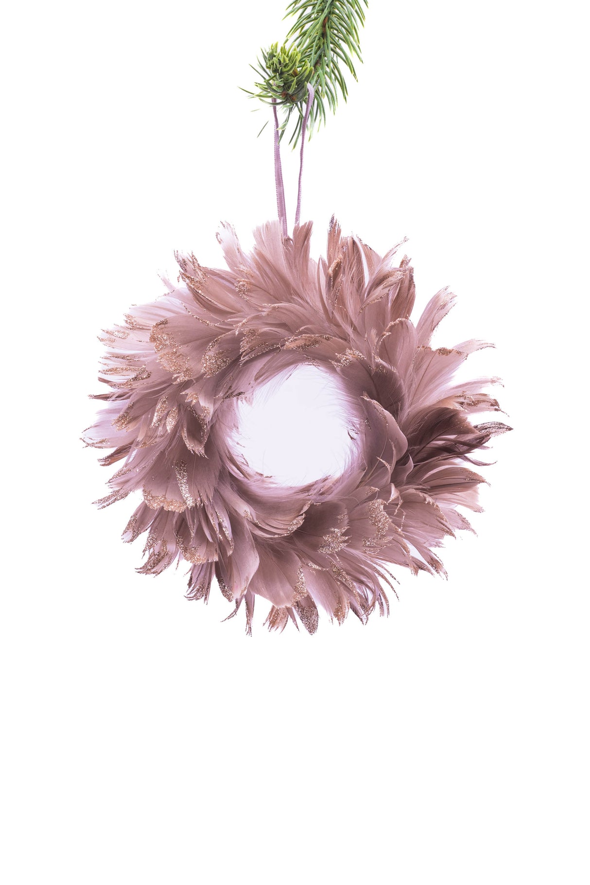 7" Hanging Brown Polylon Feathered Wreath with Platinum Tips