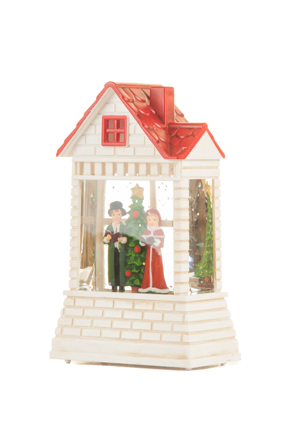 12.5" Mini White and Red Plastic Brick House Warm White LED Snow Globe with Carolers