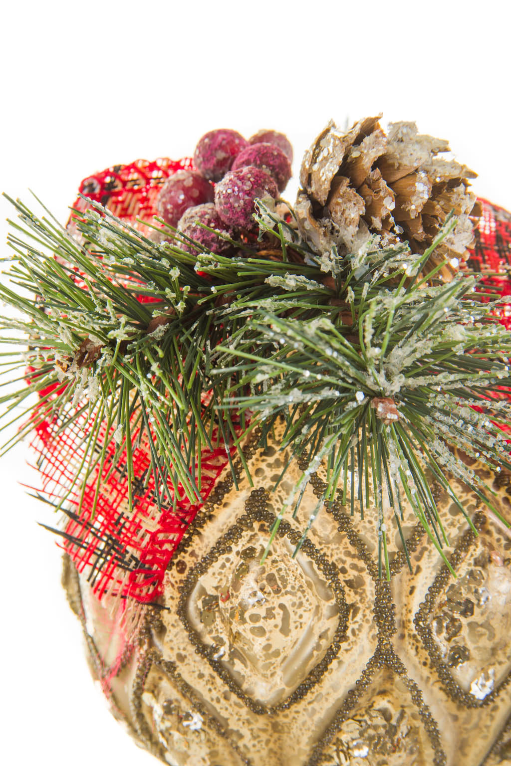 5" Hangable Brass Glass Captivating Ball Ornament with Plaid Ribbon