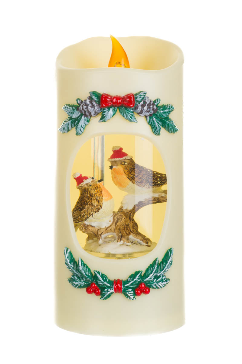 8" Off-White Plastic Candle Warm White LED Snow Globe with Christmas Robins and Swirling Glitter