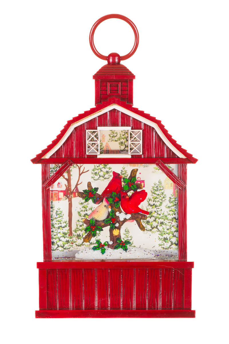 10.75" Red Plastic Barnhouse Warm White LED Water Lantern with Cardinals