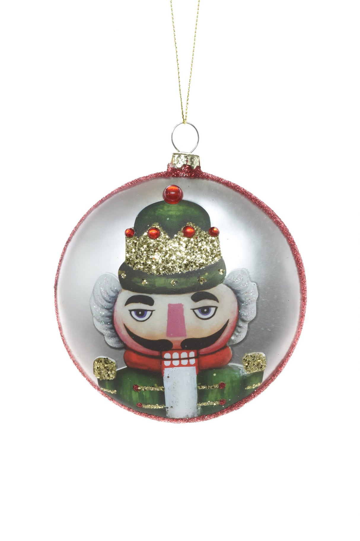 4" Flat Hanging Green and Silver Glass Drop Ornament with Nutcracker