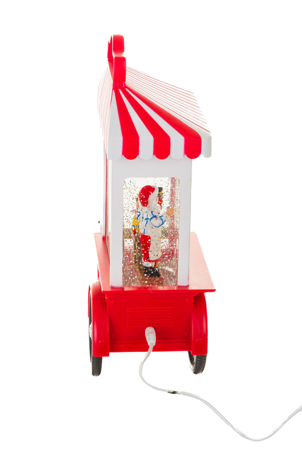 27" Candycane Red and White Plastic Santa's Workshop Cart Warm White LED Snow Globe with Toymakers