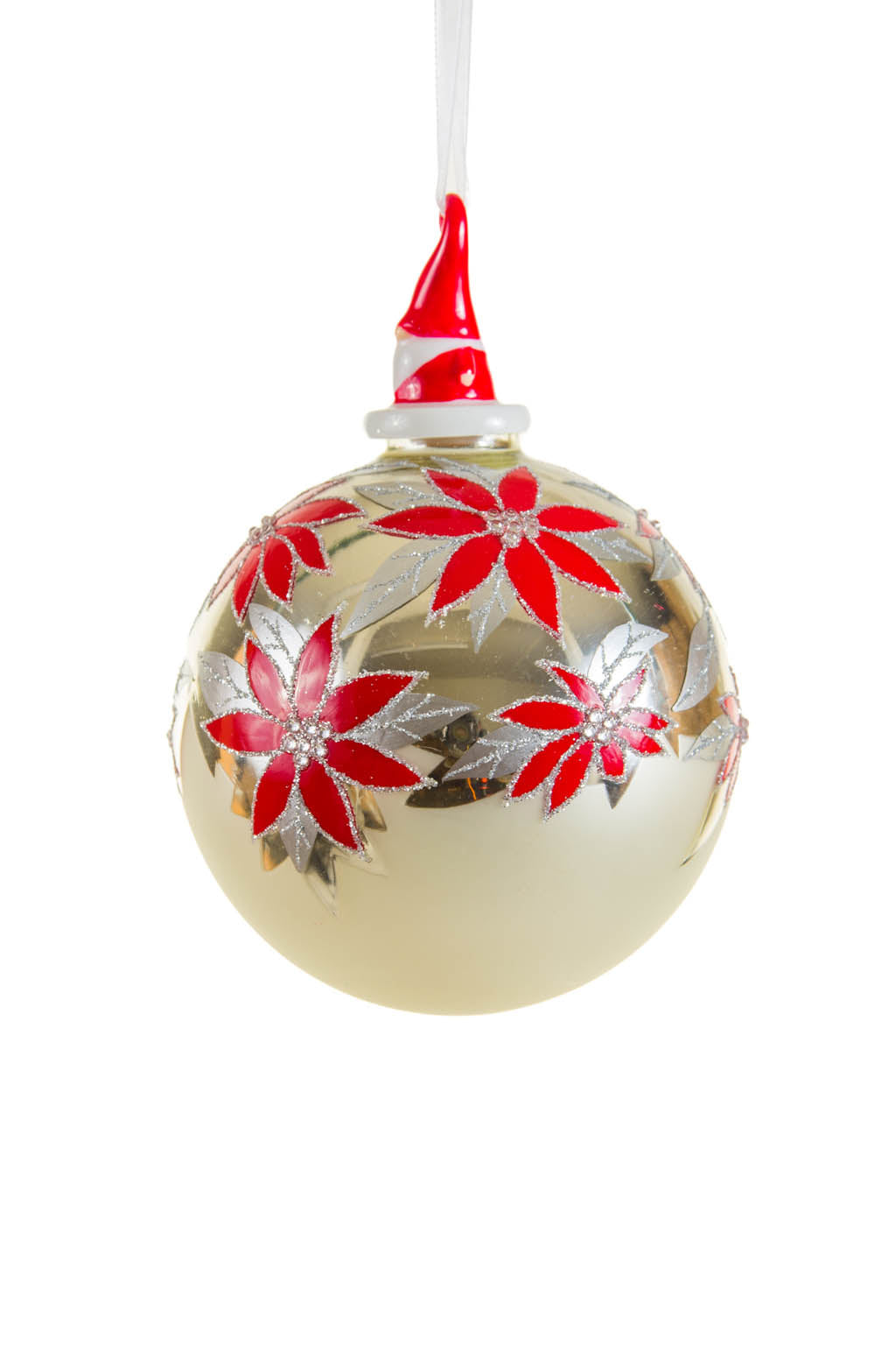4.3" Hanging Floral Silver and Red Porcelain Ball Ornament