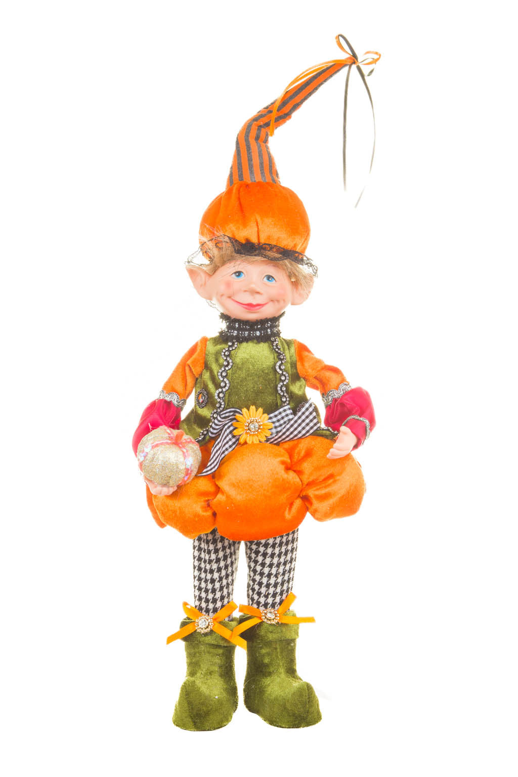17" Orange and Green Cloth Elf Boy Doll with Pumpkin Hat